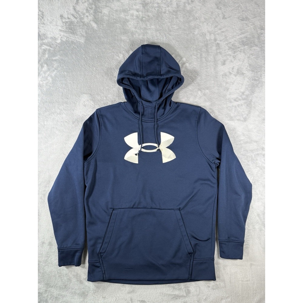 Under Armour Hoodie Mens Medium Blue Cold Gear Fleece Big Logo Pullover